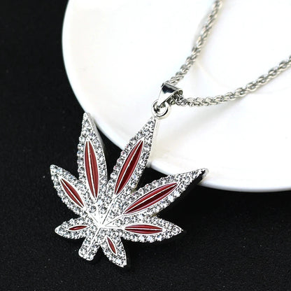 Rhinestone Weed Pendant Necklace Maple Leaf Necklaces Gold Color Chains for Women men Male Steampunk Jewelry Good Vibrations Adult Super Store
