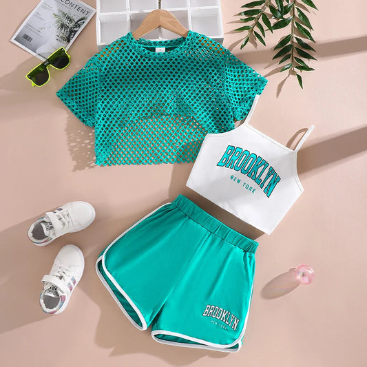 Summer girls' fashion 3-piece set, cool and breathable mesh short sleeved T-shirt+letter printed suspender+shorts Good Vibrations