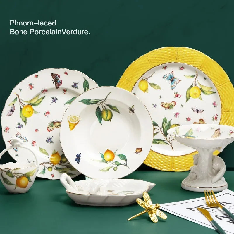 Europeanc Style Ceramic Dining Plate Elegant Lemon Pattern Dinner Steak Plate Coffee Cup Set Western Cuisine Dessert Plate Good Vibrations