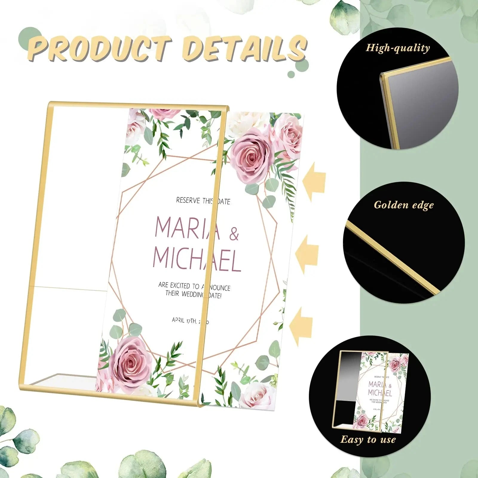 Gold Borders Acrylic Sign Holder Picture Frame Display Stand Clear Paper Holder Table Menu Stands for Wedding Office Restaurant Good Vibrations