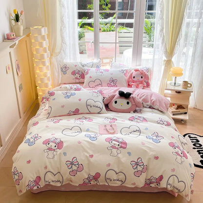 Sanrio 100% Cotton Bedding Set Cute Hello Kitty Kuromi Melody King Queen Pillowcase Bed Linens Girl Dorm Bedclothes Home Textile Good Vibrations