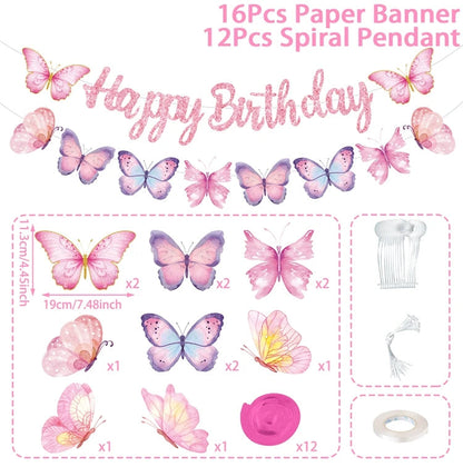Pink Happy Birthday Banner With Butterfly Dancing Hanging Pendant Garlands  Girls Princess 1st Happy Birthday Party Decorations Good Vibrations