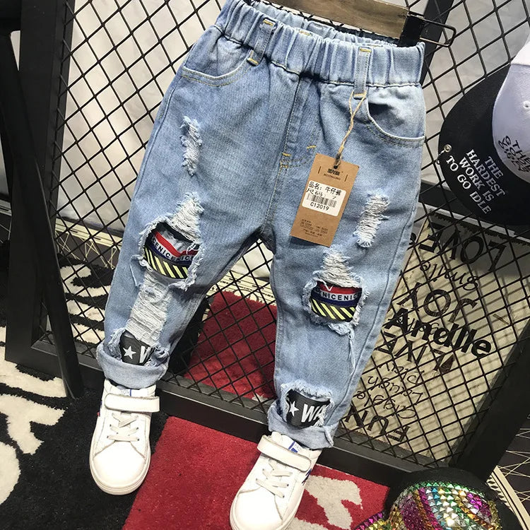 Boys Jeans Fashion Hole New Children Straight Cylinder Casual Jeans Spring Autumn Korean Style Elastic Waist Kids 3-8Ys Trousers Good Vibrations