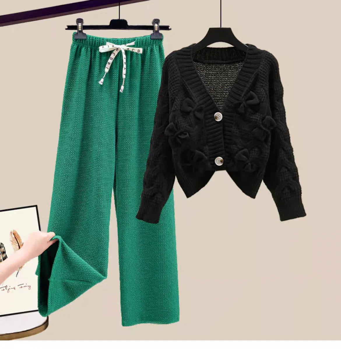 Two Piece Set For Women New In Sweater Matching Sets Korean Sweet Bow Outfit Long Sleeve Cardigan Knitwear Wide Leg Pants Set Good Vibrations