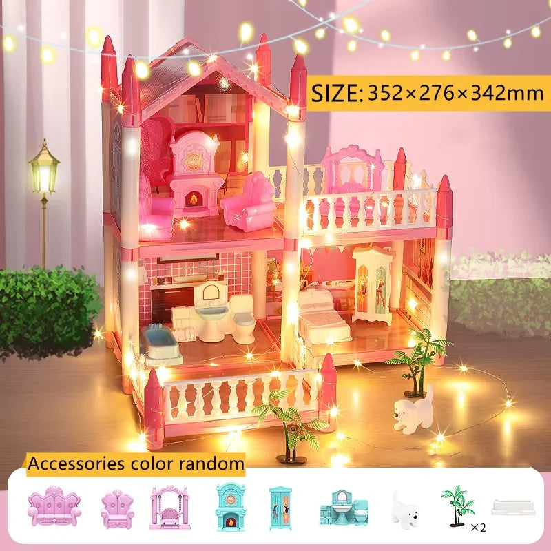 Large Dollhouse, Toddler House for Girls - with dolls, furniture, accessories, LED lights, 4 stories princess dream house toys Good Vibrations
