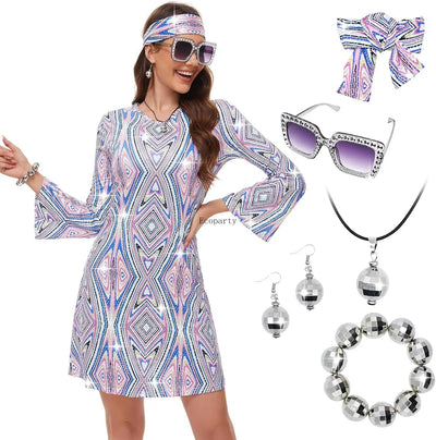 Disfraz 70s Women Disco Dress Hippie Costumes Necklace Earrings Glasses, 60's 70's Birthday Outfits, 1970s Prom Bling Dress