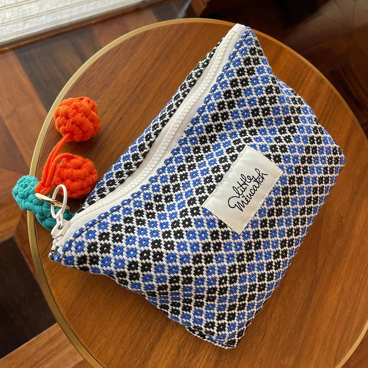 Blue Cherry Hangings Cosmetic Bag Geometric Pattern Make Up Bag Letter Patch Decor Makeup Bag Large Capacity Handbag Good Vibrations