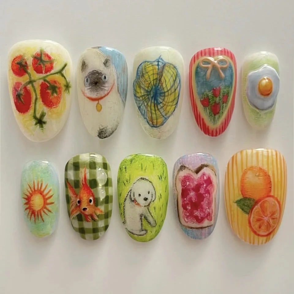 24pcs Cute Cartoon Fake Nail Tips Oil Painting Series Printed Almond Press On Nail Sweet Cool Charming False Nail For Spicy Girl Good Vibrations