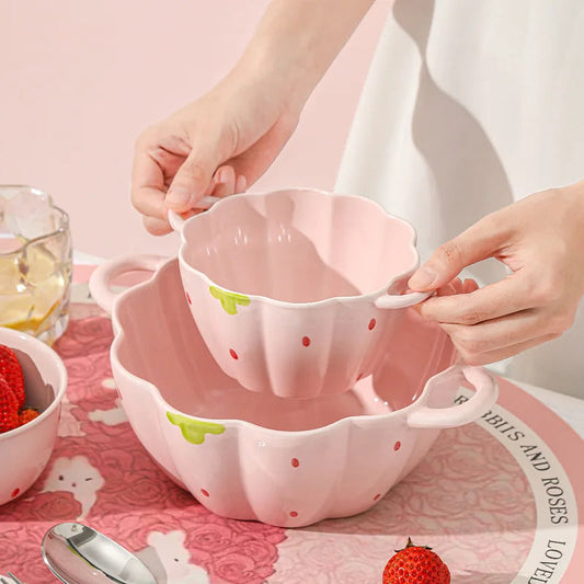 Cute Strawberry Ceramic Bowl Set For Home Use High Aesthetic Instant Noodles Salad Dessert Dining Tableware Kitchen Supplies Good Vibrations