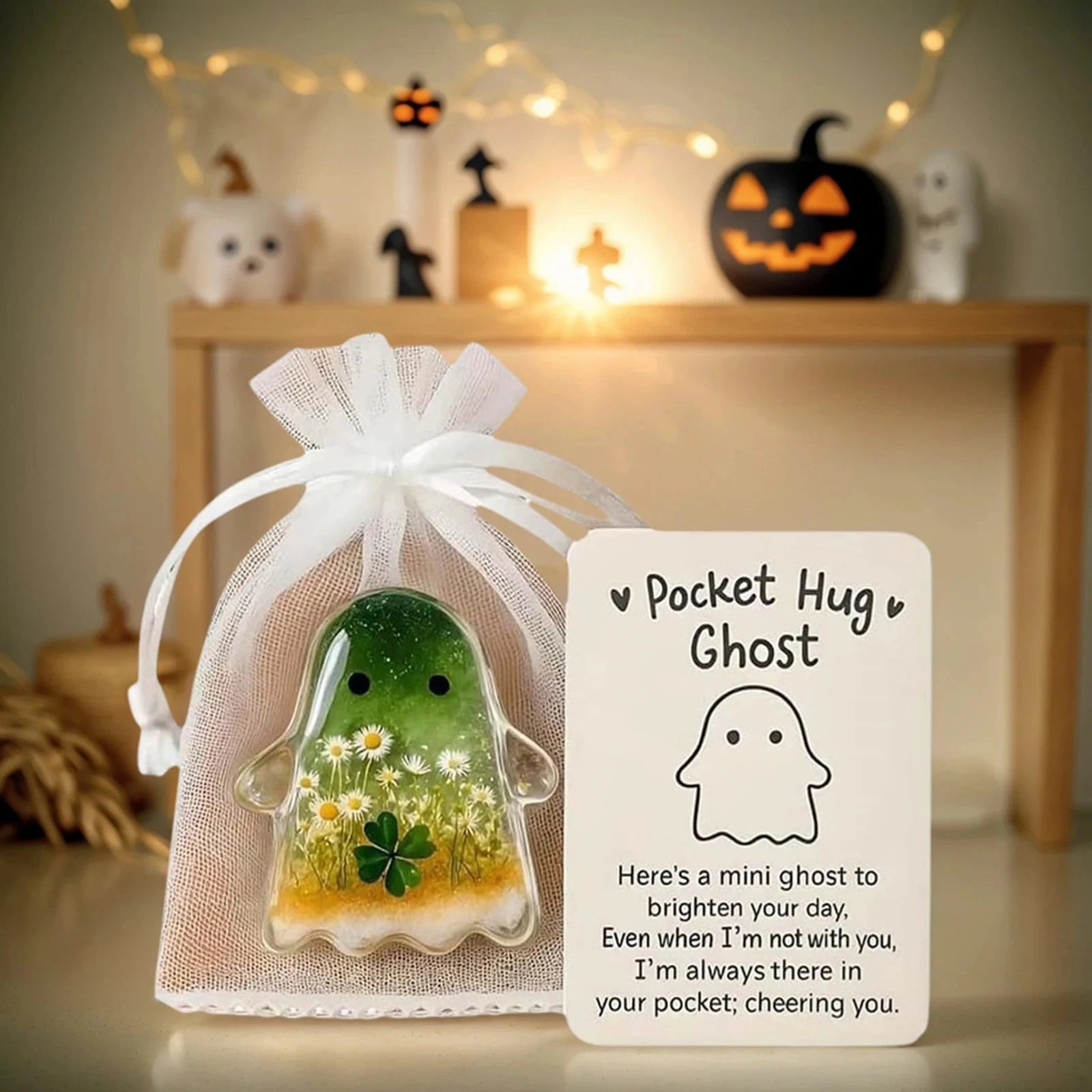 2Pcs Pockets Hug Ghost Halloween Acrylic Mini Ghosts Statue Inspirational Pocket Hug Ornaments With Positive Card For Party Gift Good Vibrations