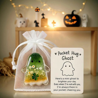 2Pcs Pockets Hug Ghost Halloween Acrylic Mini Ghosts Statue Inspirational Pocket Hug Ornaments With Positive Card For Party Gift Good Vibrations