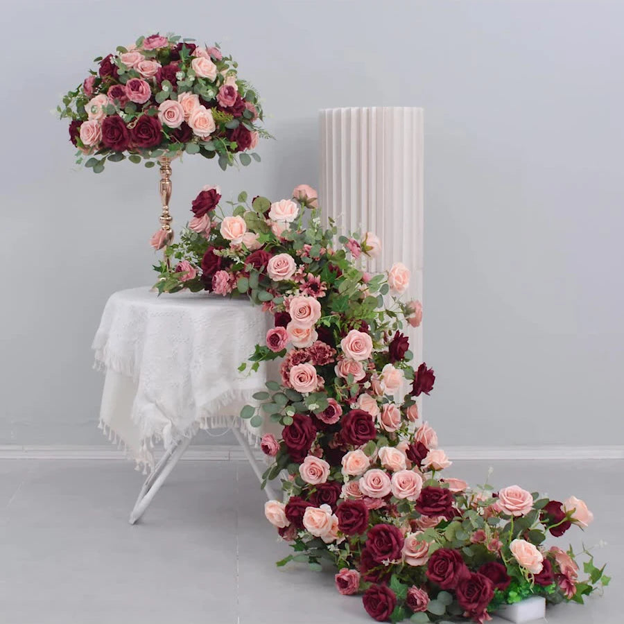 Uflower Red Rose Green Leaf Artificial Flowers Row Arrangement Wedding Table Center Flower ball Event Party Backdrop Decor Props Good Vibrations