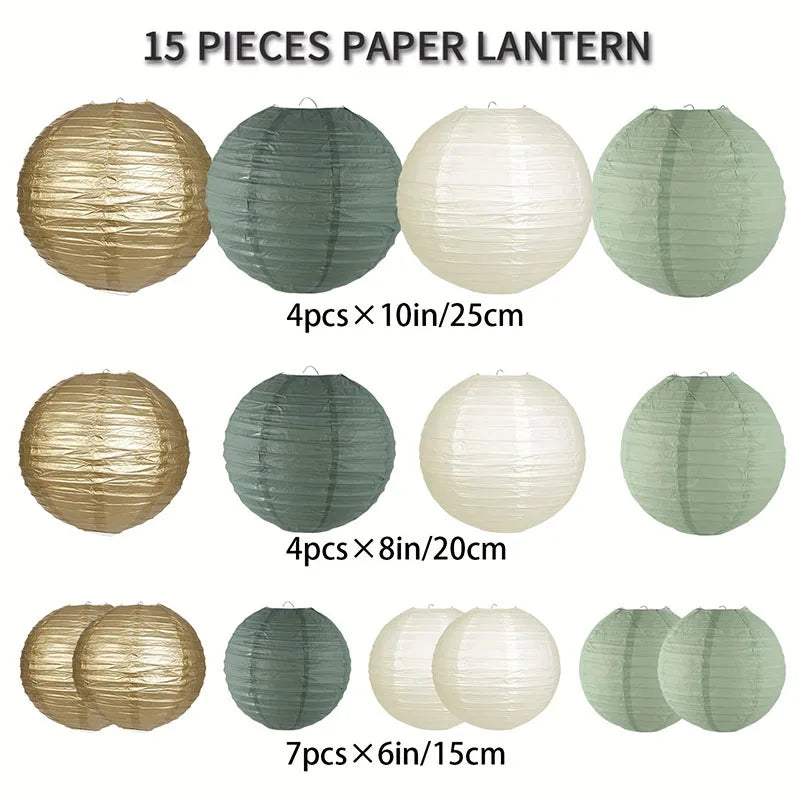 15Pcs/Set Sage Green Paper Lantern Folding Round Lanterns For Baby Shower Birthday Christmas Wedding Rustic Party Decorations Good Vibrations