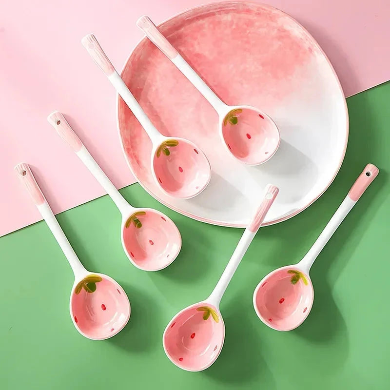 Kawaii Strawberry Ceramic Soup Spoon Cute Korean Ice Cream Hand Painted Coffee Dessert Long Handle Spoon Kitchen Accessories Good Vibrations