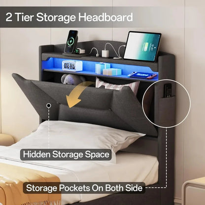 Frames with Storage Headboard, Upholstered Twin Size Bed Frame with Drawers, Charging Station and LED Good Vibrations