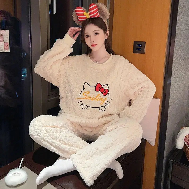 Thickened Cute Cartoon Sleepwear Set for Women Warm Home Clothes plus Size Long Sleeve round Neck Comfortable Polyester Fiber Good Vibrations