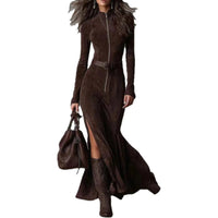 Fashion Western Cowboy Long Dress with Pleated Wrap Design Solid Skinny Flowing Ruffled Hem Maxi Dress Chic Travel Clothes Good Vibrations