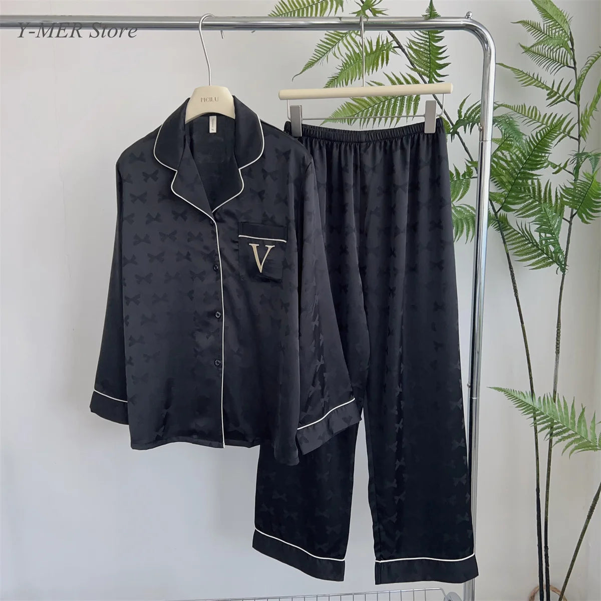 Pink Pajamas Set Bow Print 2Piece Set Women Rayon Homewear Long Sleeve Trousers Suit Lapel Loungewear Nightwear Casual Outfit Good Vibrations