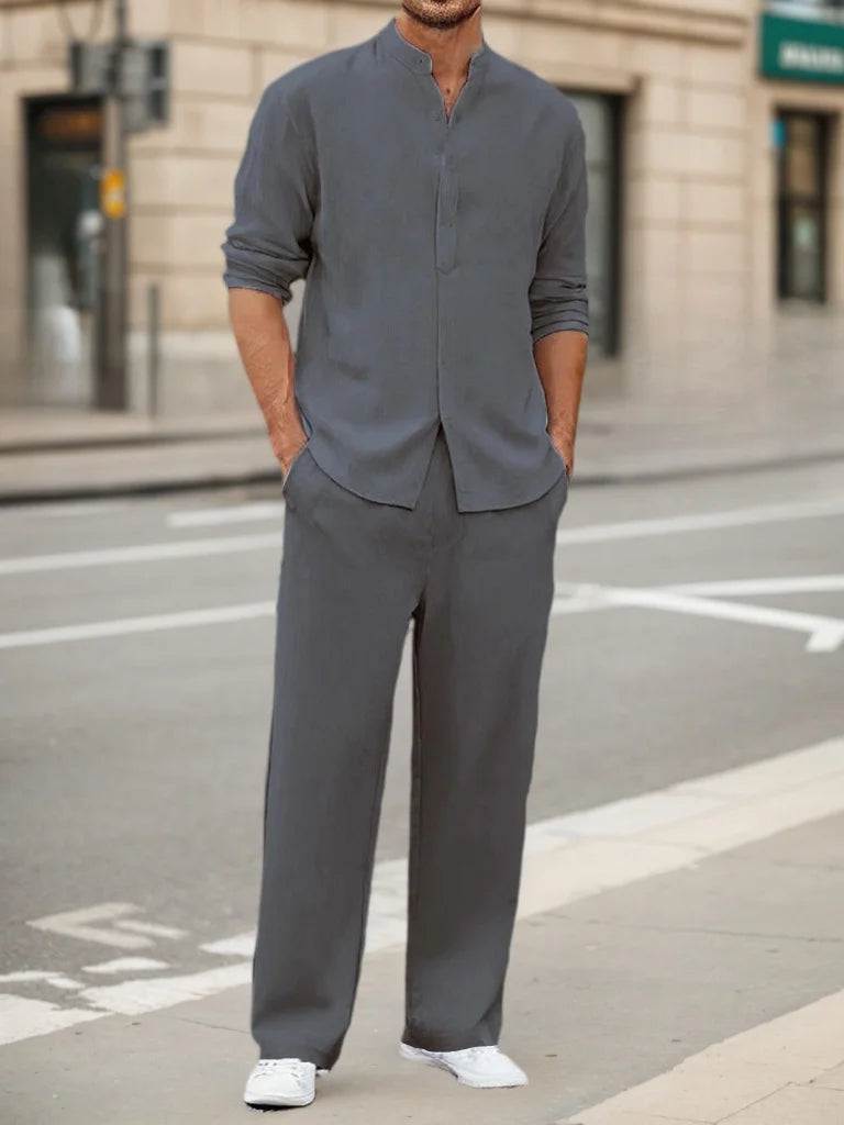 Men's Fall Casual Outfits Solid Color Henley Collar Long Sleeve Tops with Elastic Waist Pants Long Sleeve Pants Shirt Suit Good Vibrations