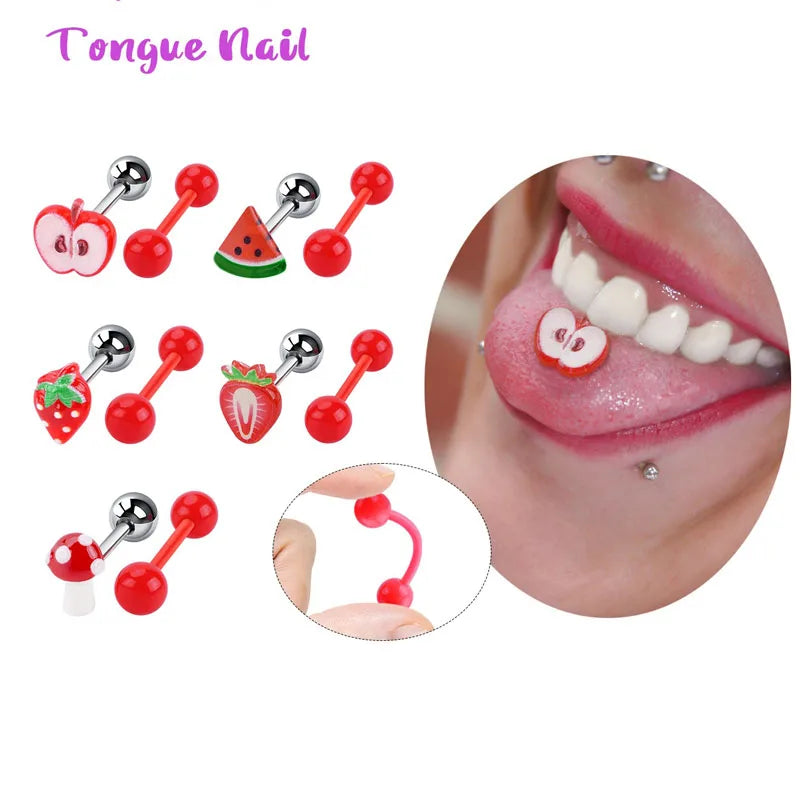 5Pcs Fruit Tongue Stud Piercing Jewelry 316L Stainless Steel Candy Color Sweet Tongue Ring Tongue Decoration Wholesale Good Vibrations
