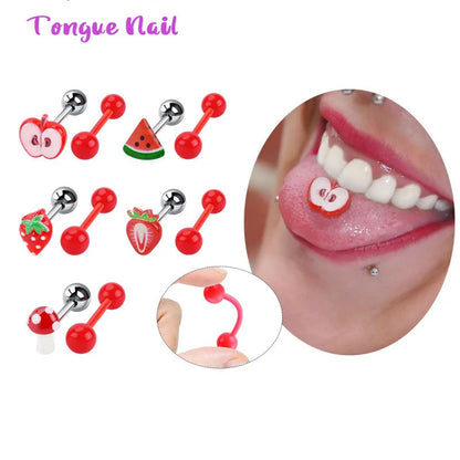 5Pcs Fruit Tongue Stud Piercing Jewelry 316L Stainless Steel Candy Color Sweet Tongue Ring Tongue Decoration Wholesale Good Vibrations