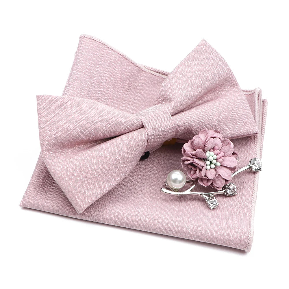 Mens Wedding Bowtie Brooch Set Romantic Solid Color Bamboo Fiber Bowknot Flower Lapel Pin Blue Pink Cravat Suit Shirt Accessory Good Vibrations