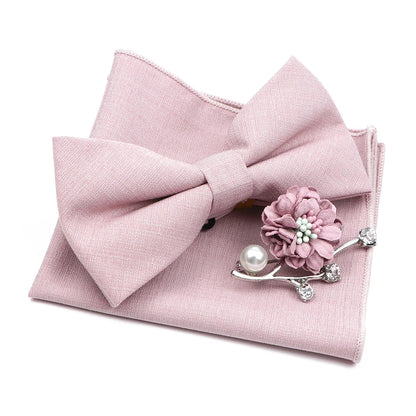 Mens Wedding Bowtie Brooch Set Romantic Solid Color Bamboo Fiber Bowknot Flower Lapel Pin Blue Pink Cravat Suit Shirt Accessory Good Vibrations