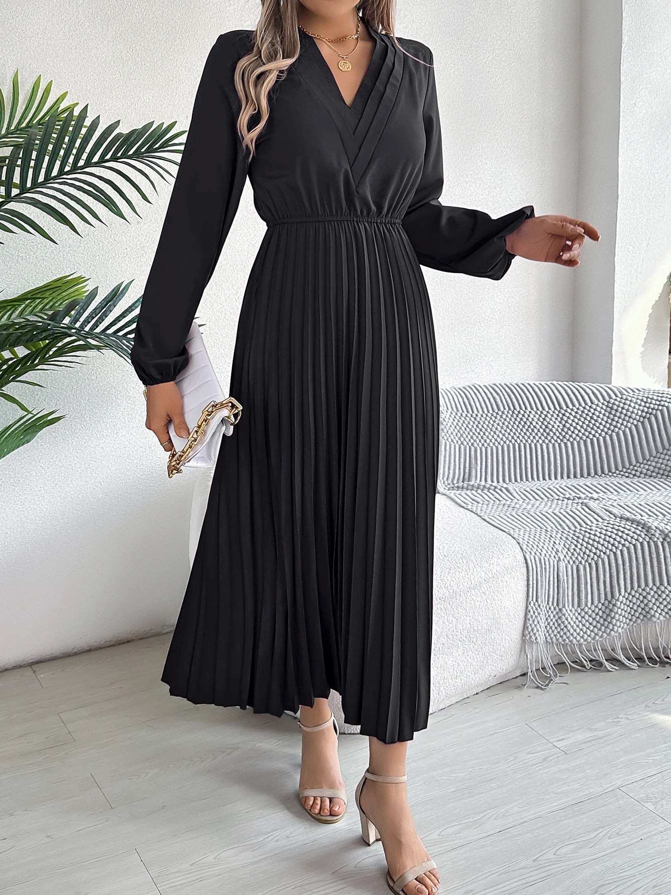 Elegant Dresses for Woman 2025 Autumn Winter Solid Color V Neck High Waist Pleated Maxi Dress Red Black Green Good Vibrations