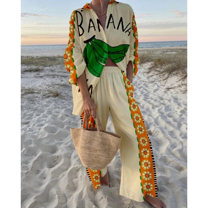 Women's Two Piece Set Print Shirt Pants Suit Single Breasted Lapel Short Sleeve Shirt And Wide Leg Trousers Sets, Lady Outfits Good Vibrations