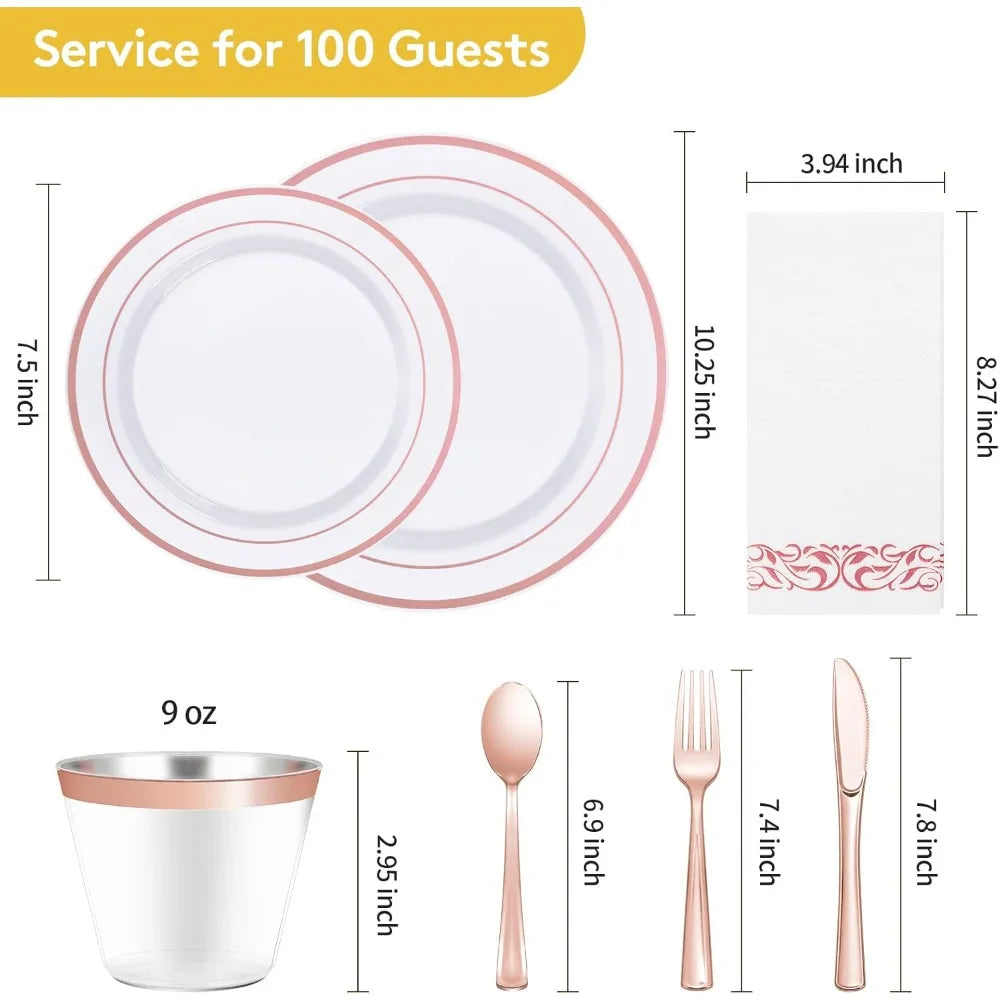 700 Piece Rose Gold Dinnerware Set for 100 Guests, Plastic Plates Disposable for Party, Include: 100 Dinner Plates Good Vibrations