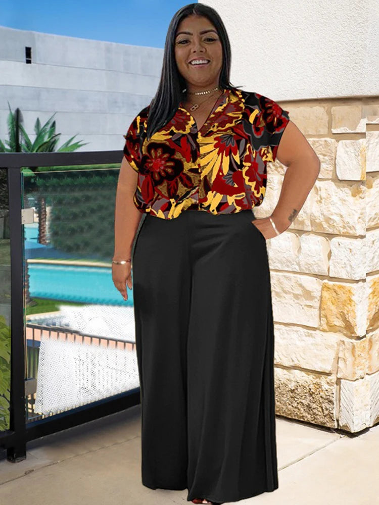 Woman 2 Piece Outfit Set Plus Size Summer Casual Suit Set Floral Print Shirt Pants Set Basic Lounge Wear Good Vibrations