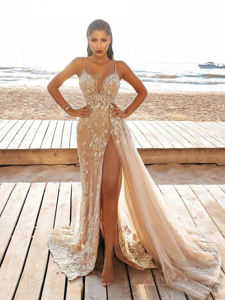 Wedding Party Dress Female Evening Elegant Sexy Deep V Neck Strap Sleeveless Sequined Long Maxi Dresses for Women 2024 Good Vibrations
