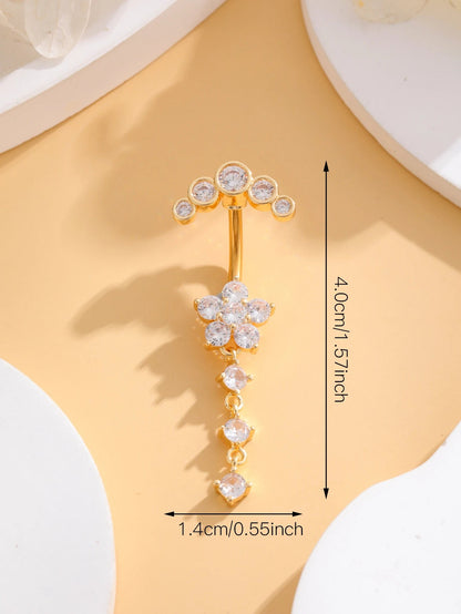 Gold Color Stainless Steel Belly Button Ring Long Dangled Flower CZ Crystal Navel Belly Piercing Rings for Women Sexy Jewelry Good Vibrations Adult Super Store