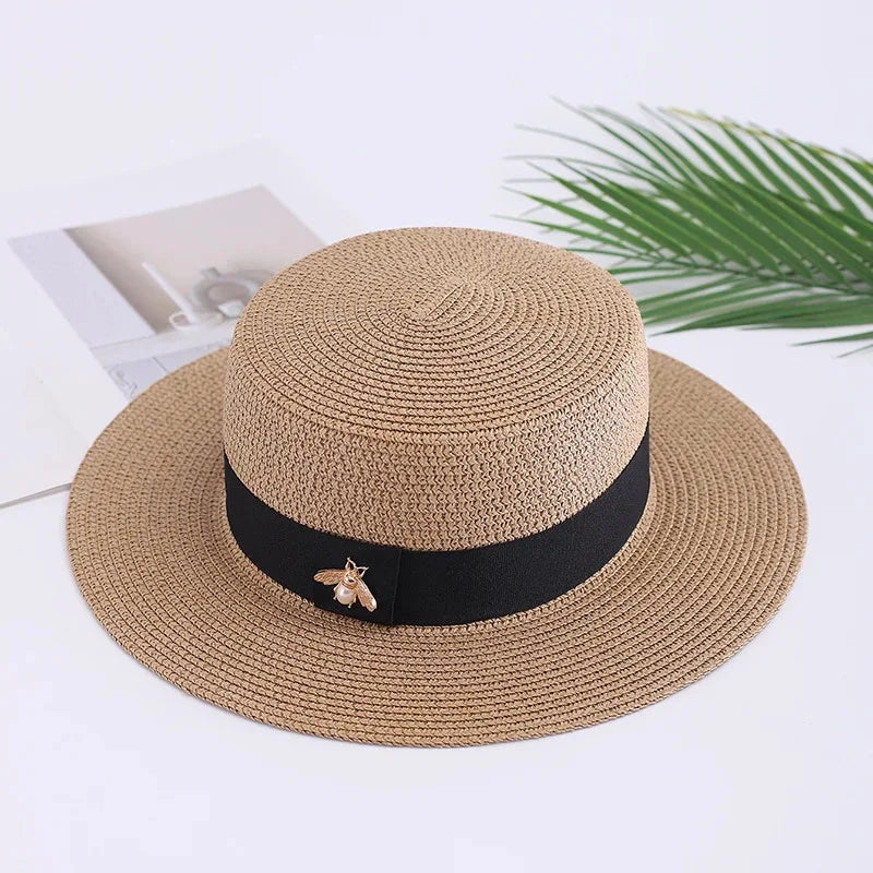 new Ladies Sun Fedora Hats Small Bee Shiny Straw Hat European American Retro Gold Female Sunshade Flat Sequins Hat Good Vibrations