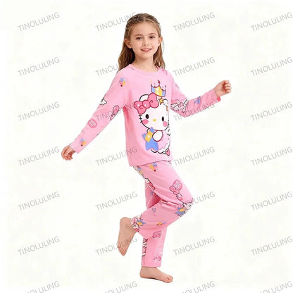 Children's Cartoon Stitch Pajamas Sets Boys Pijamas Girls Mickey Hello Kitty Sleepwear Comfortable Long Sleeve Nightwear Pjs Good Vibrations