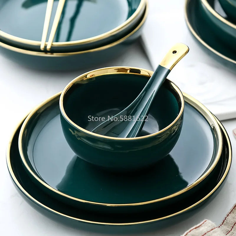 Green Ceramic Gold Inlay Plate Steak Food Plate Nordic Style Tableware Bowl Ins Dinner Dish High End Porcelain Dinnerware Set Good Vibrations