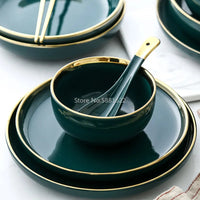 Green Ceramic Gold Inlay Plate Steak Food Plate Nordic Style Tableware Bowl Ins Dinner Dish High End Porcelain Dinnerware Set Good Vibrations