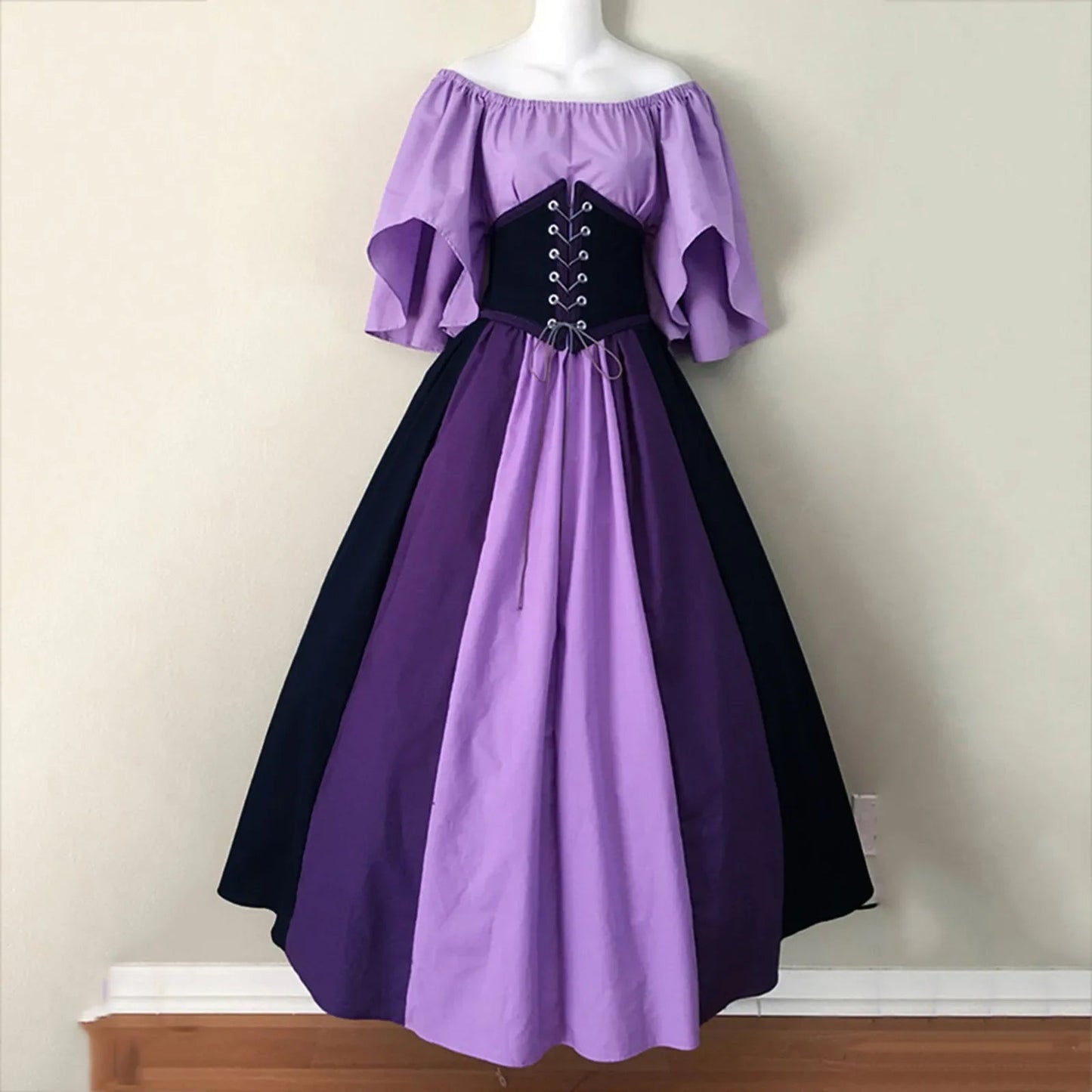Halloween Costumes for Women Medieval Retro Contrasting Color Slim Swing Dress One-word Shoulder Dress Love Live Cosplay Good Vibrations