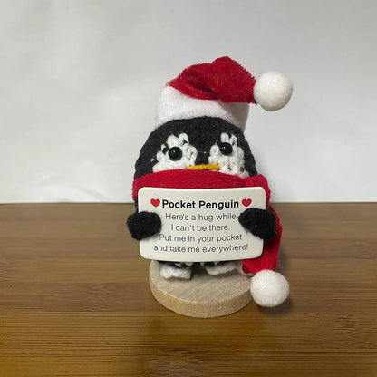 Crochet Energy Penguin Hug Pocket Mini Hand-woven Plush Wool Knitting Doll with Card Funny Christams Gift Home Room Decoration Good Vibrations