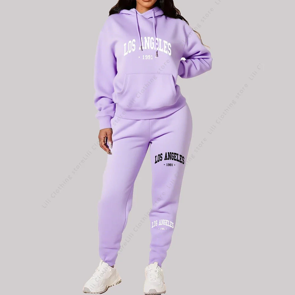 Women Sets Hoodies Pants 2 Piece Outfits Aesthetic Sportswear Sweatsuit Los Angeles Letter Print Suit Ladies Tracksuit Plus Size Good Vibrations