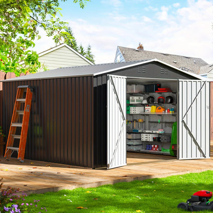 Polar Aurora 10x10 FT Outdoor Storage Shed, Metal Garden Shed with with Updated Frame Structure, Tool Sheds for Backyard Garden Good Vibrations