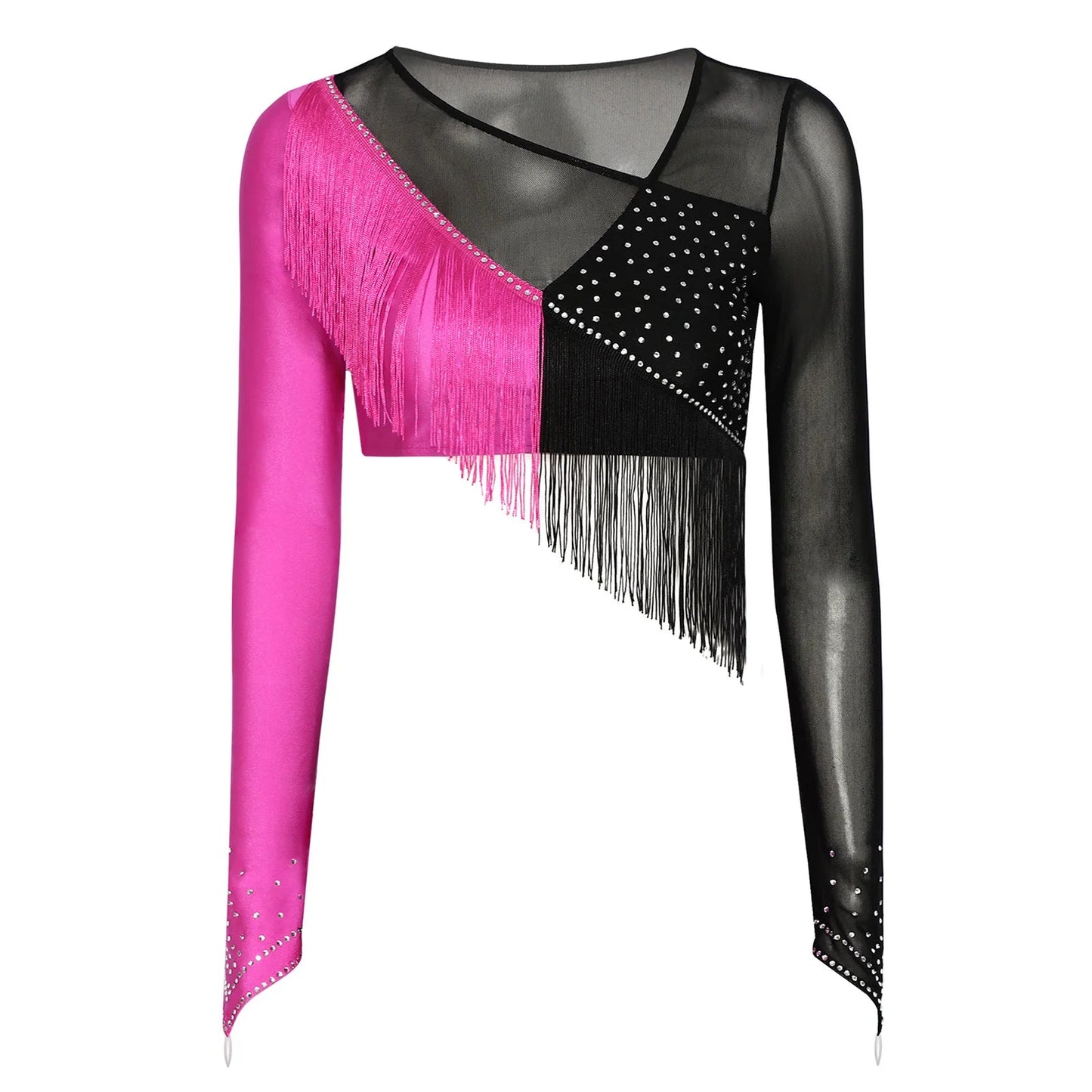 Women Lyrical Dance Outfit Set Modern Contemporary Dancewear Tassel Long Sleeve Mesh Crop Top with Skirted Leotard Ballet Outfit Good Vibrations