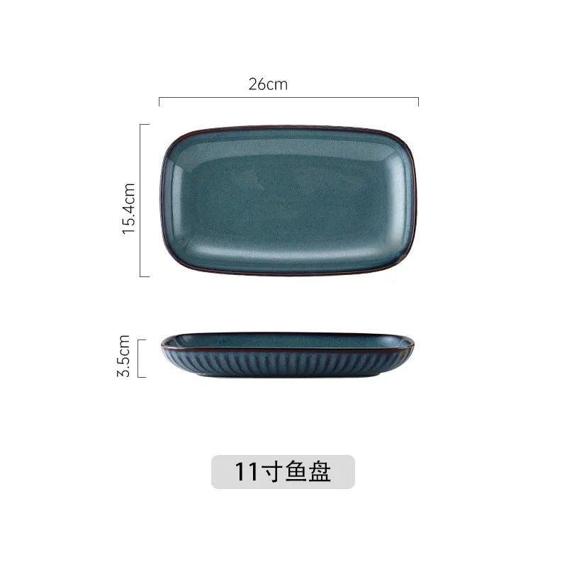 Blue Kiln Glazed Ceramic Plates, Microwaveable Dinner Plates, Round Rice Salad Bowls, Household Tableware Good Vibrations