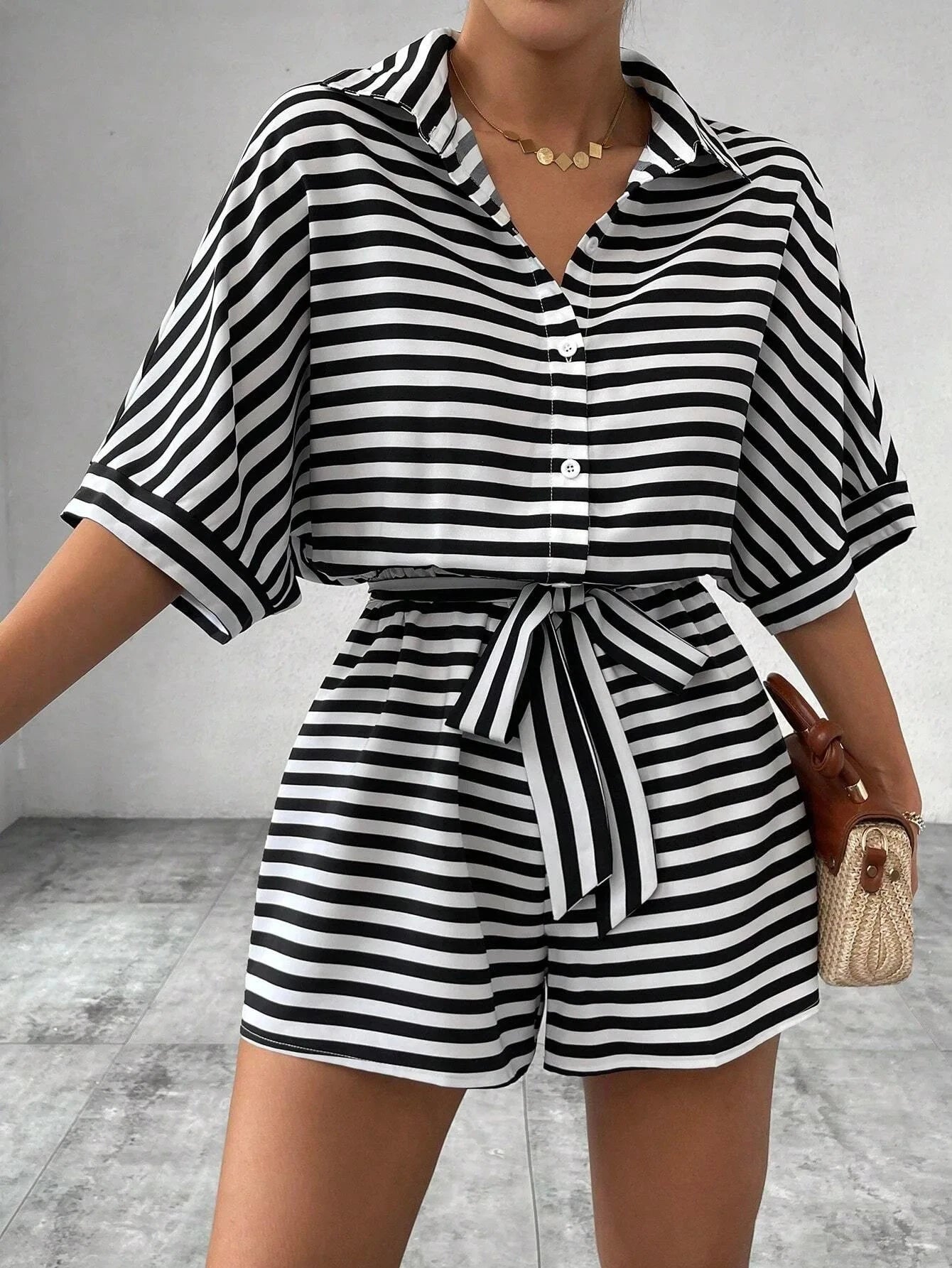 Summer New Set For Women's Casual Loose Comfortable Outfit Fashion Striped Batwing Sleeve Shirt Top+ Shorts 2-piece Sets Woman Good Vibrations