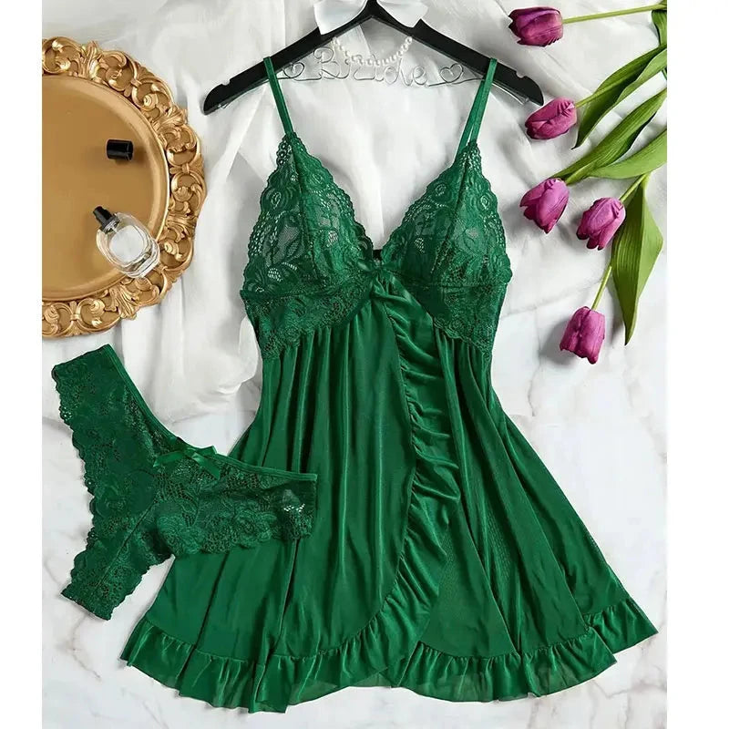 Soft Sheer Nighty Pajamas Hotselling Nightgowns Dark Green Halter Dress Women Sleepwear Sexy Bra Plus Size Nightdress Thong Sets Good Vibrations