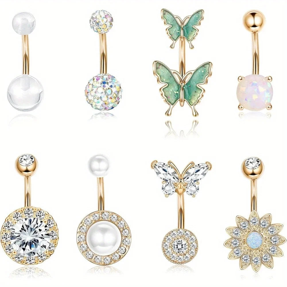 Drperfect 1PCS Stainless Steel Belly Button Ring Belly Rings for Women Pearl Sparkling Belly Piercing Butterfly Piercing Jewelry Good Vibrations Adult Super Store