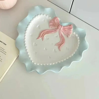 INS Wind Bowl Plate Cute Wave Edge Bow Knot Love Wave Dot Ceramic Lace Tableware Girl Heart Home Rice Bowl Plate Dessert Plate Good Vibrations