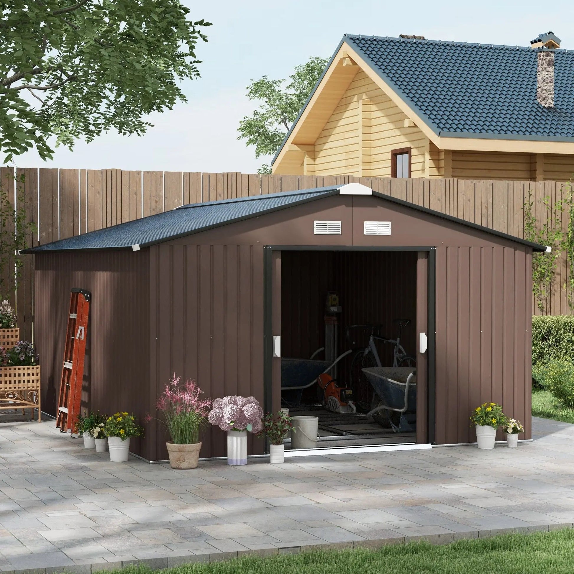 Metal Garden Shed Brown Storage Utility Double Locking Doors for Bike Yard Tools Good Vibrations