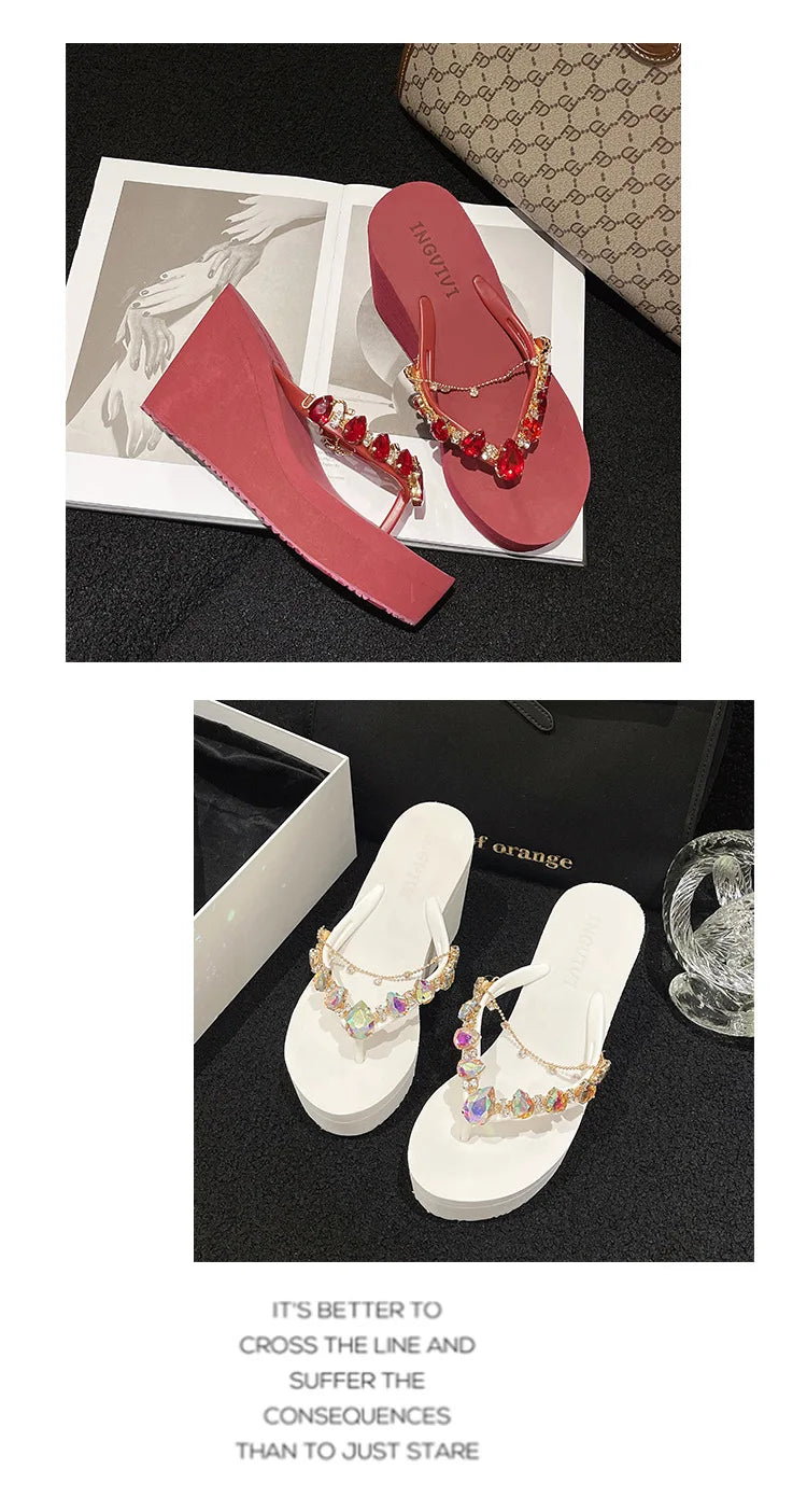 Flip Flops Women New High Heeled Slippers Women Diamond Slope Heel Slippers Elegant Fashion Beach Sandals Womens Sexy Shoes Good Vibrations