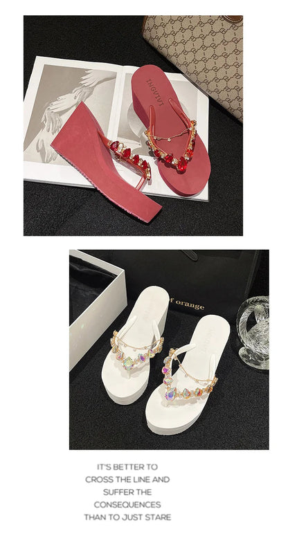 Flip Flops Women New High Heeled Slippers Women Diamond Slope Heel Slippers Elegant Fashion Beach Sandals Womens Sexy Shoes Good Vibrations